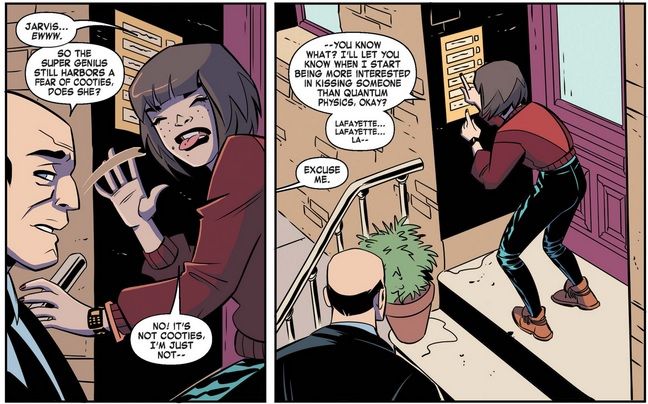 From Unstoppable Wasp #2. Jarvis sarcastically asks Nadia if she is scared of cooties. She brushes off the question and says she prefers quantum physics to kissing.