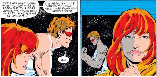 From X-Factor #1. Scott confesses to an unhappy Madelyne that he is thinking about his "dead" lover Jean.