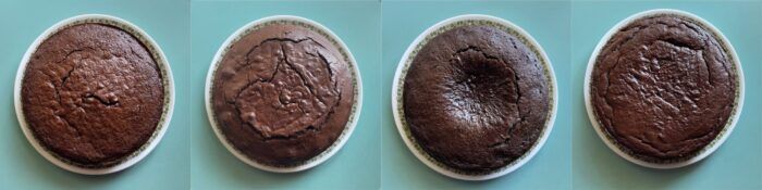 side by side photos of four chocolate cakes
