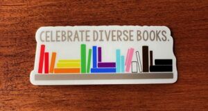 diverse rainbow book stack sticker
