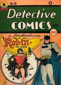 The cover of Detective Comics #38. Batman holds up a hoop that Robin is bursting through. The text above Robin reads "The Sensational Character Find of 1940, Robin - the Boy Wonder!"