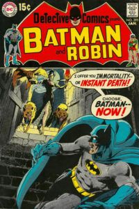 The cover of Detective Comics #395. All of Neal Adams's artwork featured in this article is realistic and dramatic, with deep, striking shadows. In this cover, Batman flees down the stairs into what appears to be a cellar, looking over his shoulder in fear at a beautiful, vampiric woman in a long, dramatic gown. She holds a torch in one hand and a large bird of prey perches on the other. There are large dogs or wolves on either side of her, and she is saying "I offer you IMMORTALITY - or INSTANT DEATH! Choose, BATMAN - NOW!"
