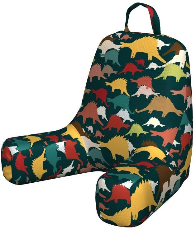 A dinosaur-patterned reading pillow for kids