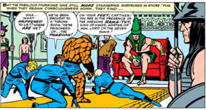 a comic panel showing the fantastic four and the pharaoh Rama-Tut