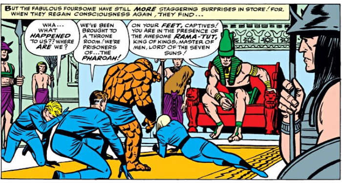 a comic panel showing the fantastic four and the pharaoh Rama-Tut