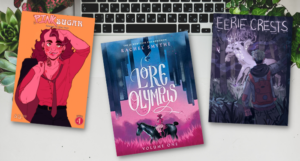 the covers of three fantasy webcomics against a laptop photo