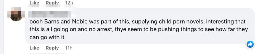 Facebook comment about how barnes and noble was "supplying child porn novels."