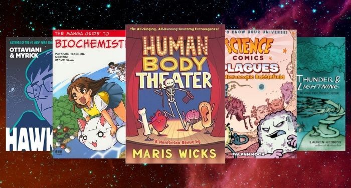 collage of five covers of graphic novels about science
