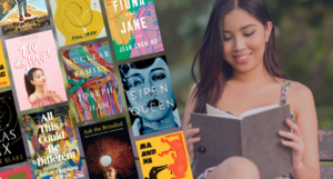 a collage of the cover listed below beside a photo of an Asian woman reading and smiling