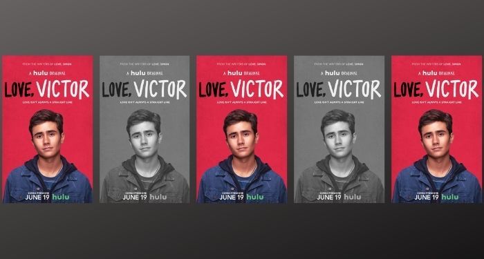 a collage of five identical images of the promotional poster for the show Love, Simon; three of the images are in full color, two are in black and white. The poster shows the protagonist of the show, actor Michael Cimino