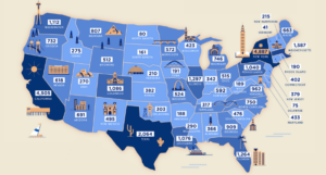 a map graphic labelling the states where the most and fewest books have taken place