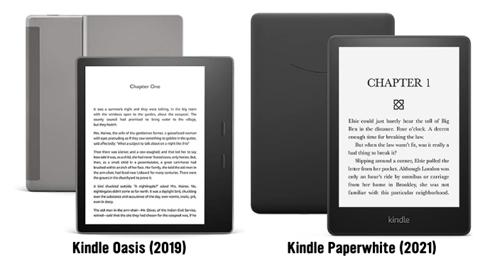 Photos of the Kindle Oasis vs Paperwhite side by side. The Oasis is labelled 2019 and the Paperwhite is labelled 2021.