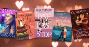 a collage of sapphic romance covers with heart lights in the background