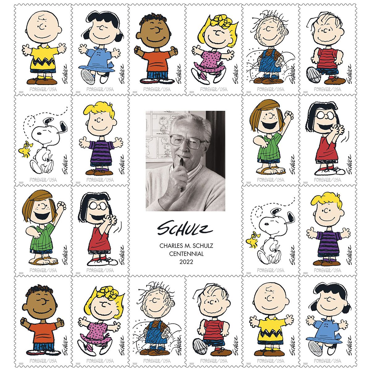 Image of a sheet of Peanuts themed stamps