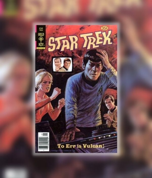 Star Trek #54 cover. A painted cover of Spock looking uncharacteristically distressed with Kirk and a random blond woman look upset.