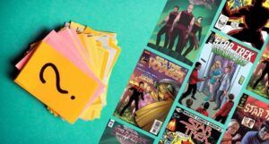 image of a stack of post its next to collage of five Star Trek comics