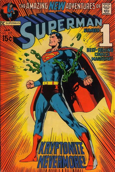 The cover to Superman #233. Superman is pulling his arms back and thrusting out his chest to break the heavy kryptonite chains that were wrapped around him. The caption reads "Kryptonite Nevermore!"