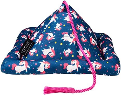 a photo of a pyramid-shaped book holder pillow with a unicorn pattern