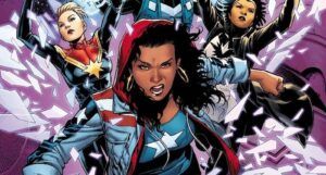 a panel showing America Chavez and other superheroes flying through the air
