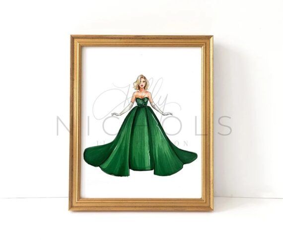Evelyn Hugo drawing with her green dress in a portrait