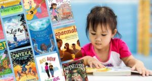 new kid's releases to the left of an Asian kid reading