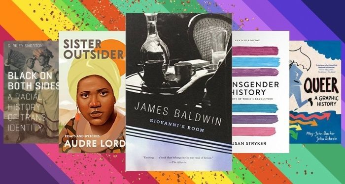 collage of pride starter kit books against rainbow glitter background