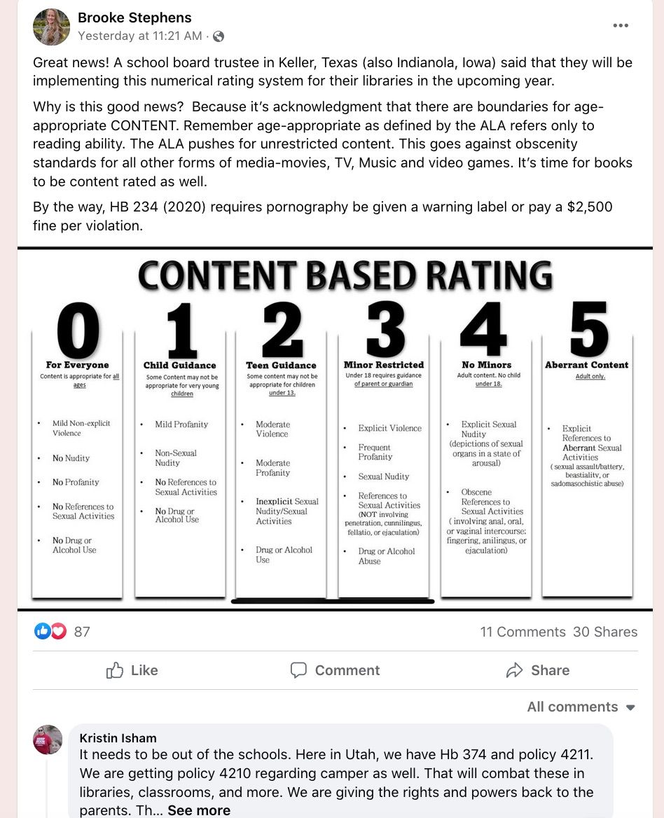 Image of a post from Brooke Stephens on Facebook about the moms for liberty rating system. 
