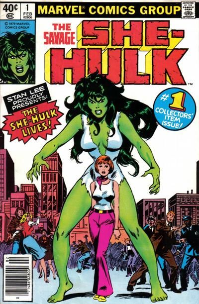 The cover to The Savage She-Hulk #1. It shows a white woman with bobbed brown hair standing sedately at the center. Looming behind and above her is She-Hulk, a massive but beautiful woman with bright green skin and dark green hair, scowling and reaching out her hands. She's wearing a ragged scrap of white t-shirt that is barely covering her. Behind them, a crowd runs away in fear. Bursts on the cover read "Stan Lee proudly presents: The She-Hulk lives!" and "#1 collectors' item issue!"