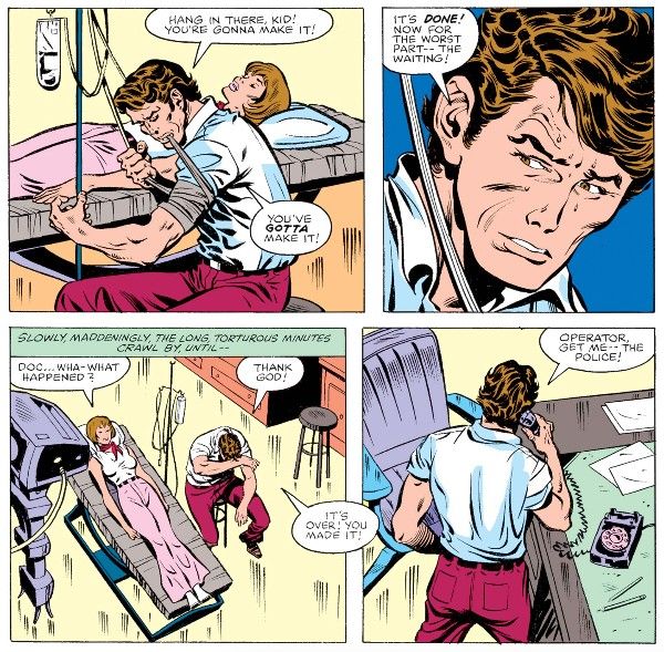 Four panels from Savage She-Hulk #1.

Panel 1: In the background, Jen lies unconscious on a medical cot. In the foreground, Bruce uses his teeth to tighten a band around his upper arm. An IV stand is between them.

Bruce: Hang in there, kid! You're gonna make it! You've gotta make it!

Panel 2: A closeup of Bruce, sweating.

Bruce: It's done! Now for the worst part - the waiting!

Panel 3: Jen stirs.

Narration Box: Slowly, maddeningly, the long, torturous minutes crawl by, until - 
Jen: Doc...wha - what happened?
Bruce: Thank god! It's over! You made it!

Panel 4: Bruce picks up the phone.

Bruce: Operator, get me - the police!