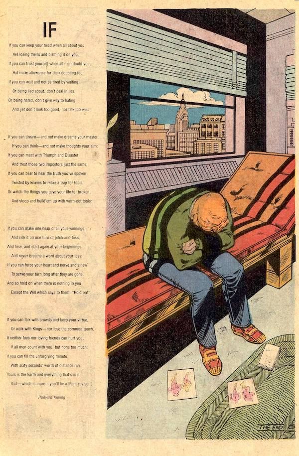 A splash page from Secret Origins Annual #2. Wally sits sideways on the therapist's couch, hunched over, staring at three things on the floor: two pictures of him as Kid Flash and Barry as the Flash, and the notebook where he tallied up the lives he's saved. Next to the image, the full text of "If--" is printed, which can be read in its entirety here: https://www.poetryfoundation.org/poems/46473/if---