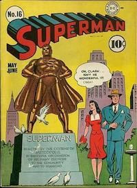 The cover of Superman #16. Clark and Lois walk past a statue of Superman, arms linked. Lois is gazing lovingly at the statue and saying "Oh, Clark...isn't he wonderful!?! (sigh)" Clark is smiling at the reader, as if including them in the joke.