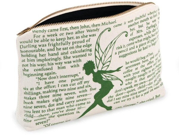 Beige pencil pouch with green text from Peter Pan and an illustration of Tinkerbell