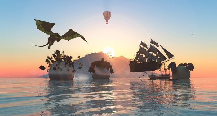 a dragon flying, an air balloon floating, and pirate ships in front of a sunset