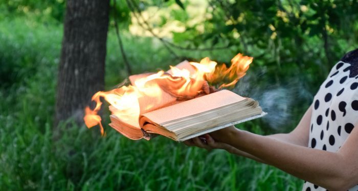 light-skinned arms holding a burning book