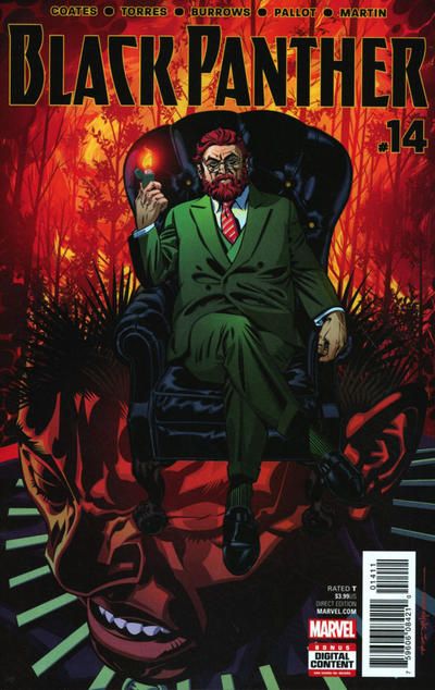 The cover of Black Panther #14. Dr. Faustus, a redheaded man with a beard, sits in an armchair holding a lighter. Behind him is a burning forest; below him is a closeup of Black Panther, his face contorted in pain.