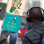 a collage of the audiobook covers listed beside a photo of a Black person with short hair listening to audiobooks