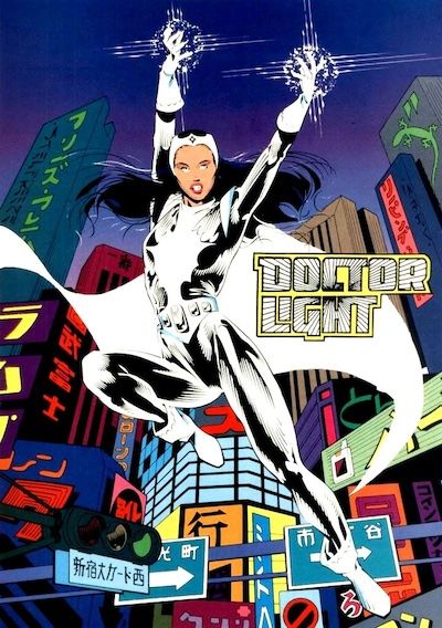 A pinup of Doctor Light (the Kimiyo Hoshi version of the character) posing in front of a Japanese cityscape. Her hands are sparkling with light.
