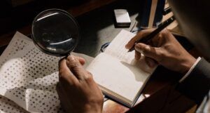 closeup of a person taking notes with one hand and holding a magnifying glass in the other
