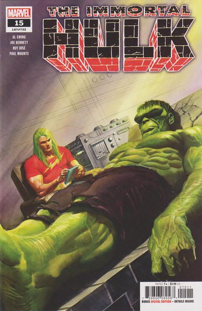 The cover of The Immortal Hulk #15. The Hulk lies on a therapy "couch" made of stone. Doc Samson, a muscular man with long green hair, sits next to him, taking notes.