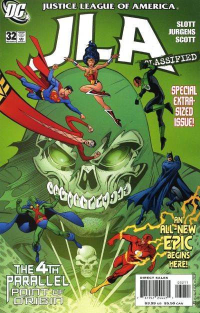 The cover of JLA Classified #32. The JLA (Superman, Wonder Woman, Green Lantern, Plastic Man, Batman, Martian Manhunter, and the Flash) fights the giant, ghostly face of Doctor Destiny, who looks like a skeleton in a hooded cloak.