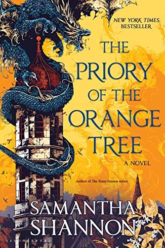 cover of The Priory of the Orange Tree by Samantha Shannon; illustration of a white castle tower with a blue dragon wrapped around it