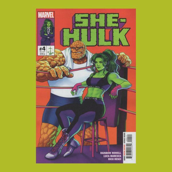 The cover to She-Hulk #4. She-Hulk is sitting on a stool in the corner of a boxing ring, wearing a purple and black sports bra and matching leggings and smiling confidently. The Thing stands outside of the ring, clearly meant to be her coach, with a towel draped around his neck.