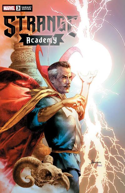 The cover of Strange Academy #3. Doctor Strange is shown from mid-thigh up, in costume, his hand glowing as he wields magic.
