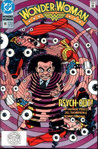 The cover of Wonder Woman #55. Doctor Psycho, an extremely short man, stands at the center of a vortex. Spinning around him is several distorted figures of Wonder Woman, indicating that she is caught up in his psychic powers.