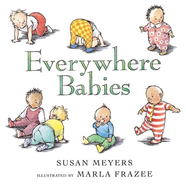 the cover of everywhere babies, showing seven babies sitting, standing, or crawling