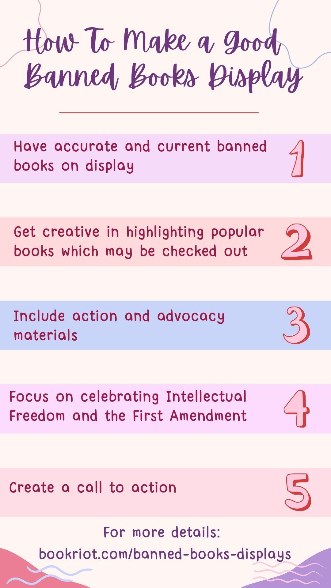 Graphic with the 5 key steps to making a good banned books display from the text above it. The graphic is in shades of pink, purple, and cream. 