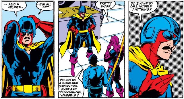 Hawkeye and Jim Rhodes ask a masked, helmeted figure if he has a name, and the man responds by asking if he really needs a name.