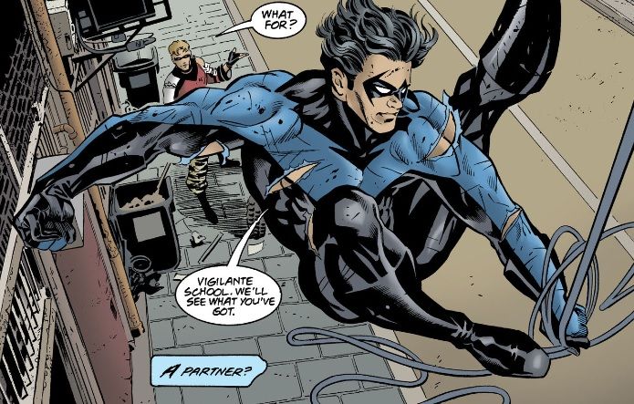 Nightwing swings away from Nite-Wing after arranging to meet him again and train him