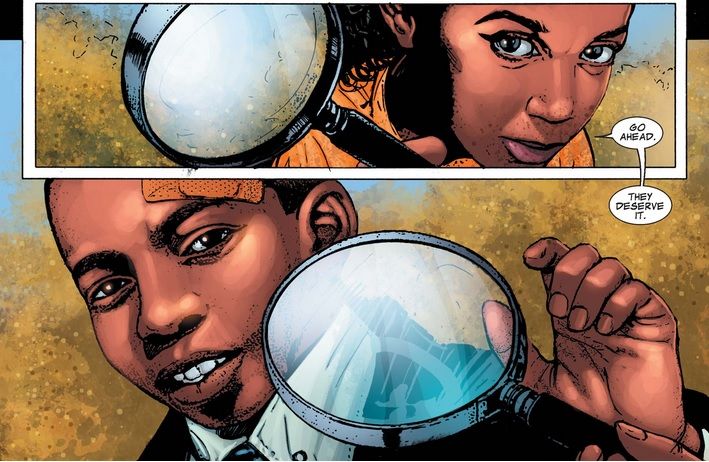 From War Machine #4. A young Glenda Sandoval hands a magnifying glass to a hesitant Rhodey, encouraging him to burn ants.
