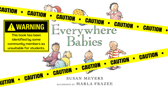 the cover of Everywhere Babies with caution tape in front and a warning sign